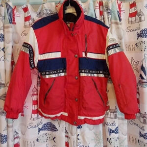 Vintage Descente Ski Jacket Coat Red Blue Snow Buttons Snap Pockets Size 8